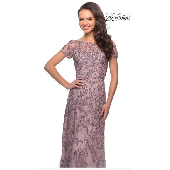 La Femme - 27956 Beaded Bateau Mother of the Bride Sheath Dress in Dusty Lilac S - Picture 3 of 9